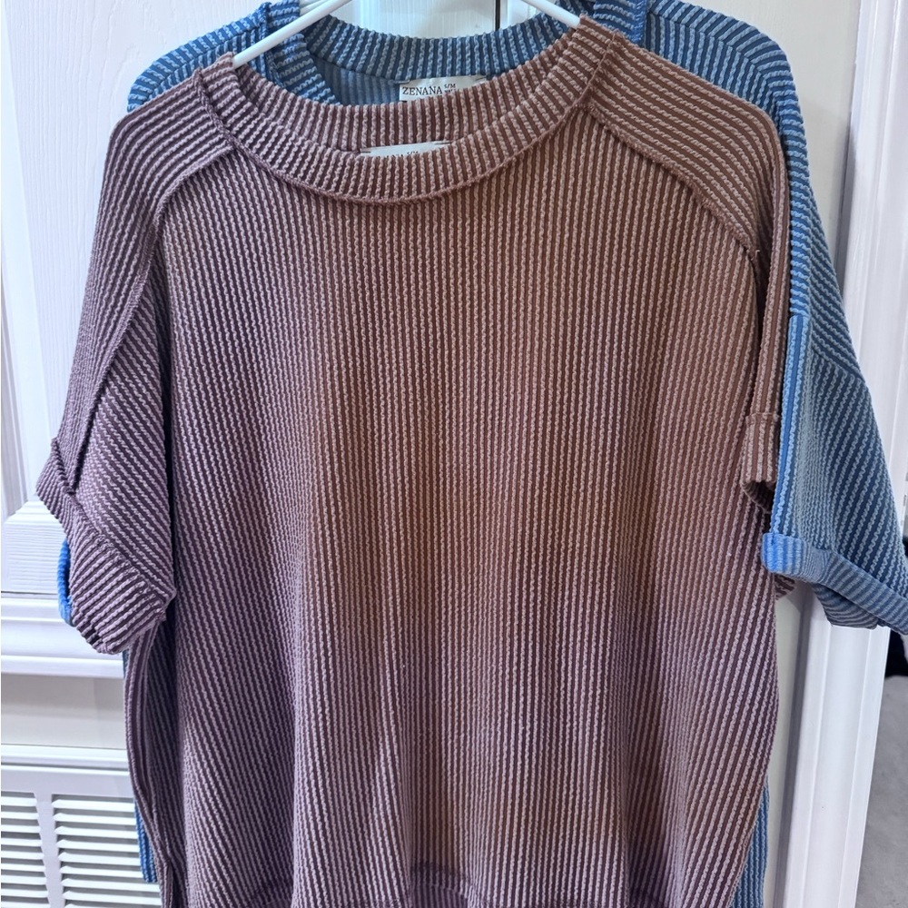 Zenana Outfitters Blue and Brown Ribbed Sweaters